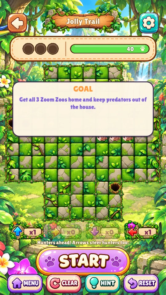 A Jungle Run puzzle with holes and hunters